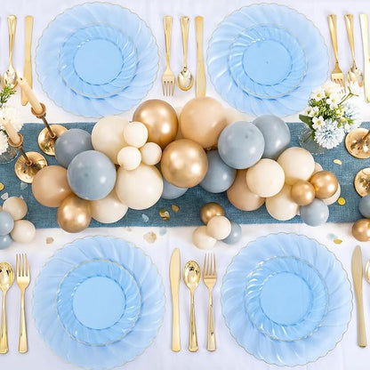 YOUBET 125PCS Clear Blue Gold Plastic Plates - Image 6