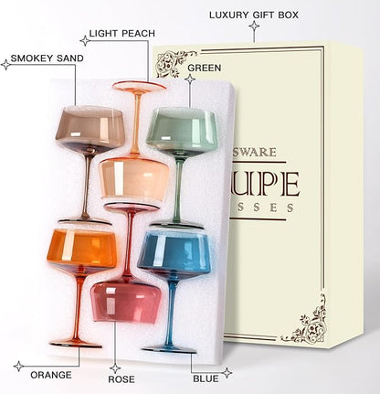 Hand Blown Colored Coupe Glasses Set of 6-13oz large Crystal Martini, Cocktail & Champagne Glasses -Cute & Colorful Cocktail Glassware-Perfect for Bar, Cocktails, Martinis-Wedding Gifts