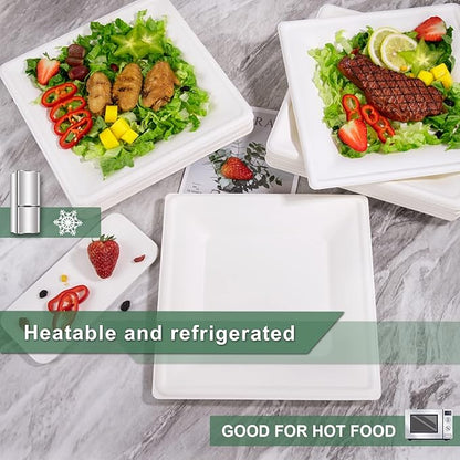 SUT 10-Inch Compostable Paper Plates, 100 PCS Square Biodegradable Bagasse Plates, Heavy-Duty Microwaveable Plates, Eco-Friendly Natural Disposable Plates, Made of Sugarcane Fibers, for Party, Picnic