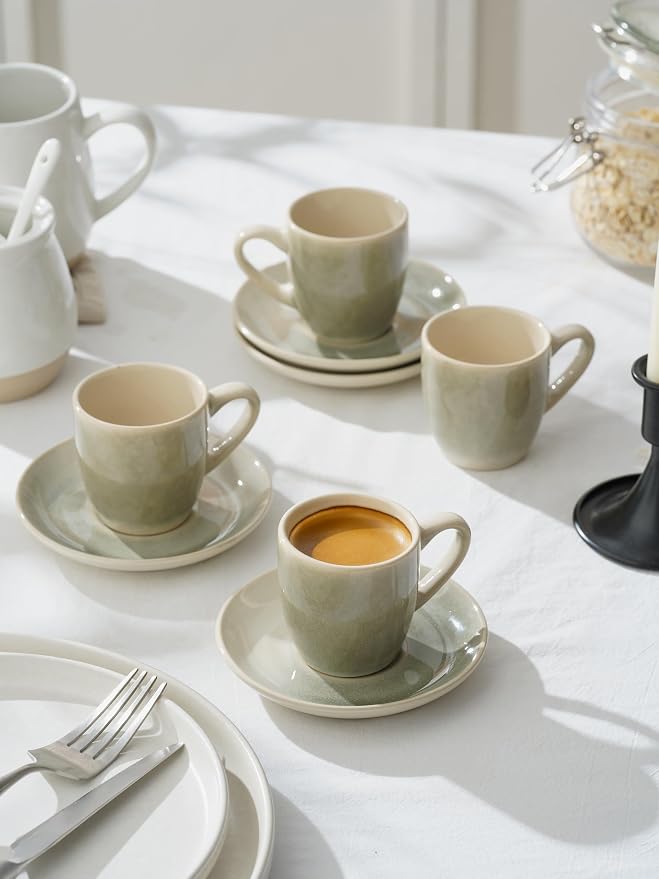 famiware 3oz Espresso Cups and Saucers, Sage Green | Ceramic Small Coffee Mug - Image 7