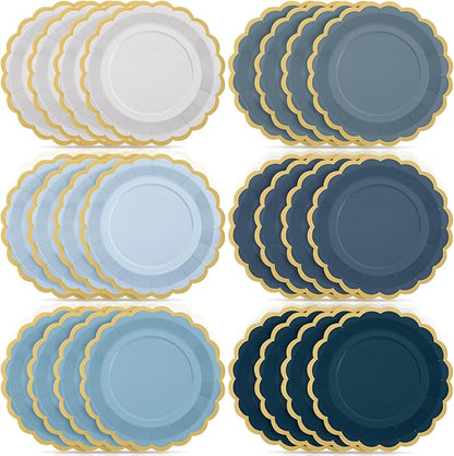 48 Pcs Dusty Blue Paper Plates 9 Inch Gradient Scalloped Paper Blue Plates Disposable Dinner Dessert for Birthday Wedding Bridal Party Supplies, 6 Colors