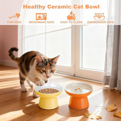 Elevated Cat Bowls,2 Pcs Ceramic Raised Cat Food Bowls with Non-Slip Base,Whisker-Friendly Shallow Design,Lead & Cadmium Free Pet Feeder,Dishwasher and Microwave Safe (Orange&Yellow)