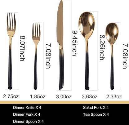 Black and Gold Silverware Set for 4 Modern 20 Piece Flatware Set Stainless Steel Mirror Polished Unique Black Gradual Change Gold Cutlery Utensils Sets for Home Kitchen Restaurant Nice Weight