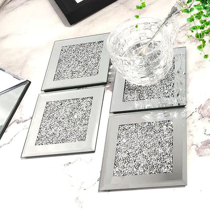 GIMORRTO Glass Mirrored Coaster 4 PC, Crushed Diamond Square Cup Mat 4" Decor - Image 4