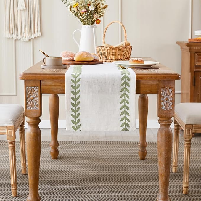 Wracra Embroidered Table Runner, Sage Green Table Runners 60 Inches Long | - Image 2