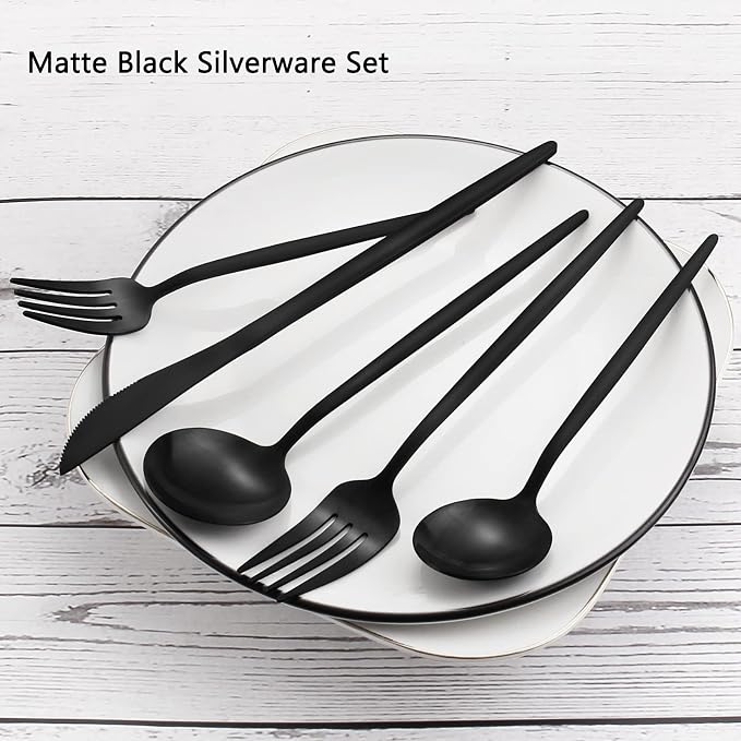 Matte Black Silverware Set, VANVRO 20-Piece Stainless Steel Flatware Set - Image 3