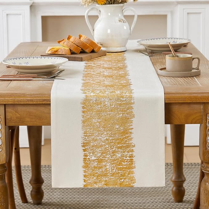 Metallic Style Gold Table Runner, Table Runners 108 Inches Long | Cotton Linen by Aiimart
