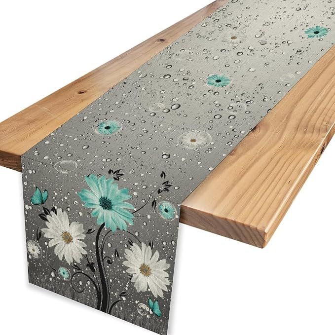 Teal Daisy Floral Table Runner, Rustic Boho Farmhouse Spring Floral Flower Boho - Image 4