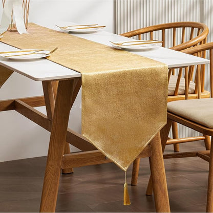 BALCONY & FALCON Table Runner Faux Linen Shimmer Gold 14"x51" | Tasselled by BALCONYFALCON