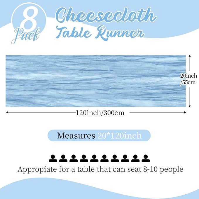 8 Pack Baby Blue Cheesecloth Table Runners 20x120 Inch Gauze Table Runner 10FT - Image 2