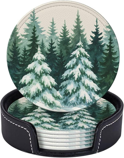Winter Snow Scene Forest Green Christmas Tree Coasters by KiuLoam