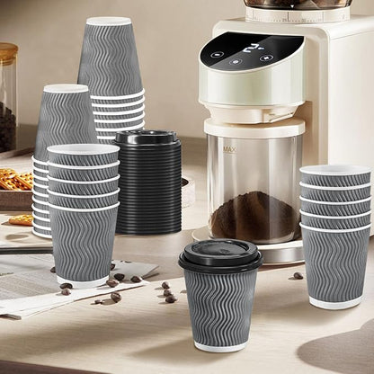 100 Pack 8 oz Disposable Coffee Cups with Lids, Insulated Ripple Wall To-Go Paper Coffee Cups Suitable for Chocolate Cocoa and Hot/Cold Drinks (Grey)