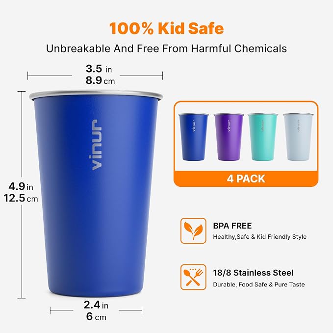 VINUR Stainless Steel Cups-16 oz Colorful Metal Drinking Glasses 4 Pcs | 16 oz - Image 2