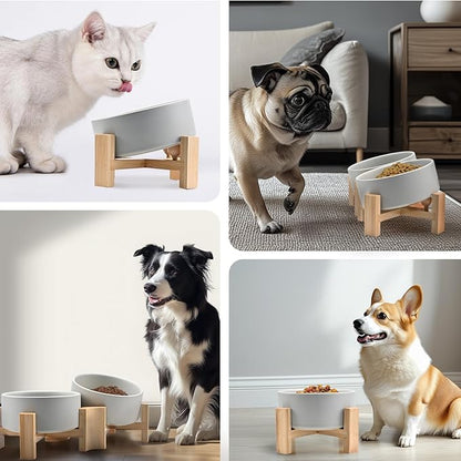 SPUNKYJUNKY 15° Slanted Ceramic Dog and Cat Bowl with Wooden Stand, Tilted Bulldog Food and Water Bowl No Slip Non-Spill for Cats Medium Dogs Big Face Pets 28.7 OZ (3.6 Cups, Grey × 2)