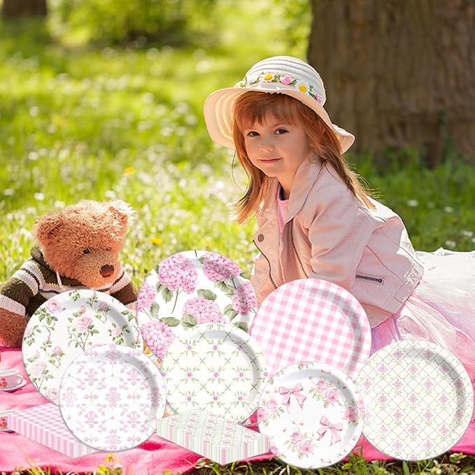 60Pcs Floral Plates and Napkins-Girls Pink Party Supplies Vintage Flower Tea - Image 5