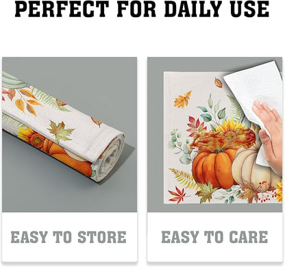 Fall Placemats Set of 4, 12 x 18 Inch Blue and Orange Pumpkin Fall Maple Leaves Washable Heat Resistant Rectangle Place Mat Thanksgiving Decor Table Mats for Seasonal Kitchen Dining