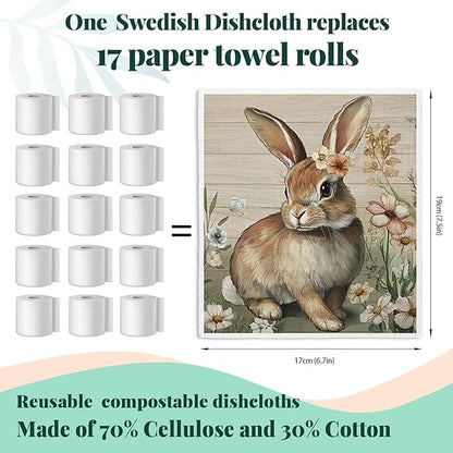 Vintage Bunny Swedish Dishcloths for Kitchen, Swedish Dish Cleaning Cloths for Floral，Papaya Reusable Paper Towels, 4 Pack Dish Towels for Kitchen, Reusable Dishcloths Washable