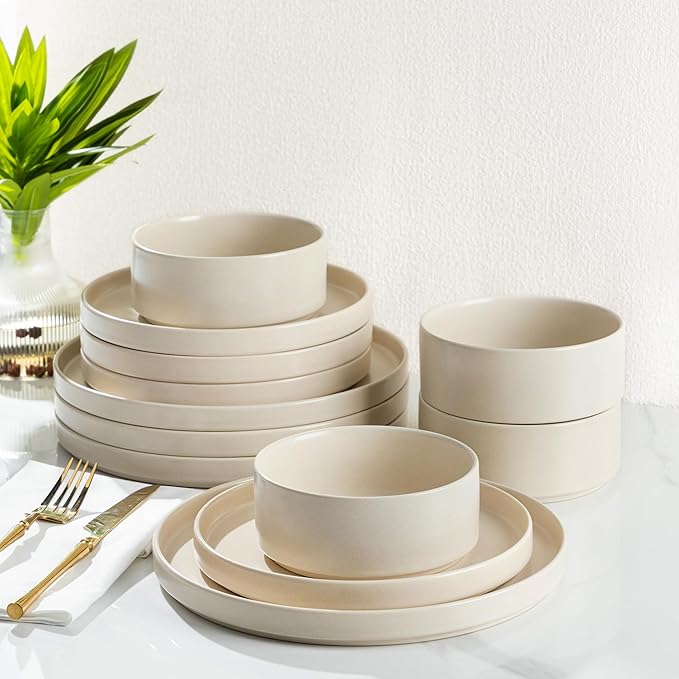 TheTerra Ceramic Dinnerware Sets for 8, 24 Pieces Handmade Reactive Glaze Plates and Bowls Set, Scratch Resistant Dish Set, Oven & Microwave & Dishwasher Safe, Ice Cream