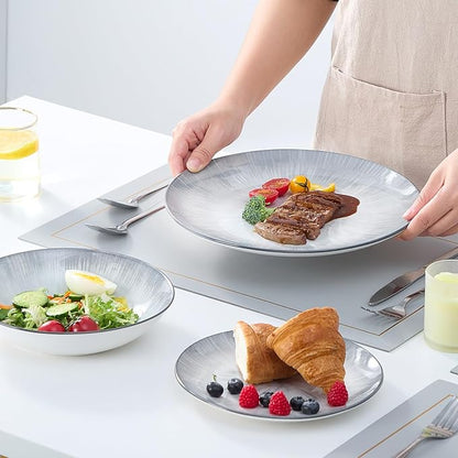 Bestone Porcelain Dinnerware Sets Service for 4, 12 pcs Hand drawn Plates and Bowls Sets, Handmade Ceramic Dish Set, Chip Resistant Modern Plate Set, Dishwasher/Microwave Safe，Gray