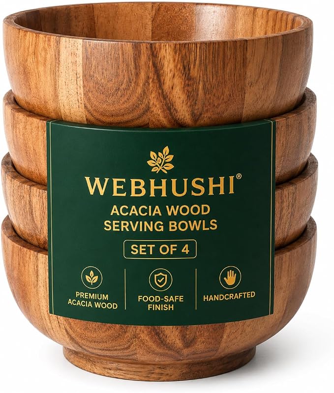 Acacia Wood Round Serving Bowls Set of 4 U Shape by WEBHUSHI