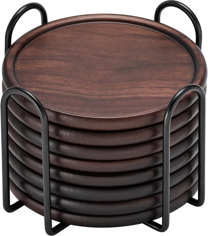 Wood Coasters with Metal Holder, GOH DODD Set of 8 Walnut Wooden Coaster by GOHDODD