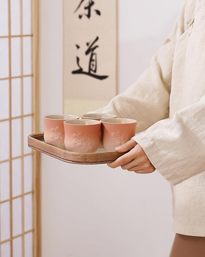 ZENS Japanese Tea Cups Set of 4 – 210ml Ceramic Handleless Tea Cups, Embossed - Image 8
