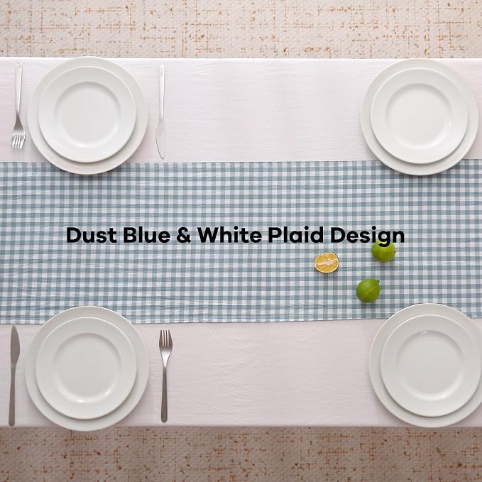 Dust Blue White Plaid Gingham Ruffle Table Runner 72 inches Long 100% Washed - Image 4