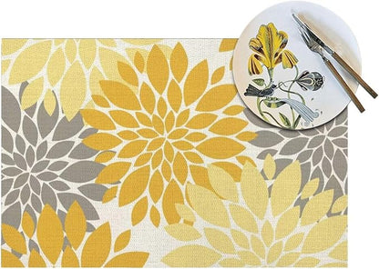 Boho Placemats 12x18 Inches Set of 4, Yellow Gray Dahlia Floral Decorative Place mats Fall Rectangle Flower Table Mats for Party Home Kitchen Dining Table Decor