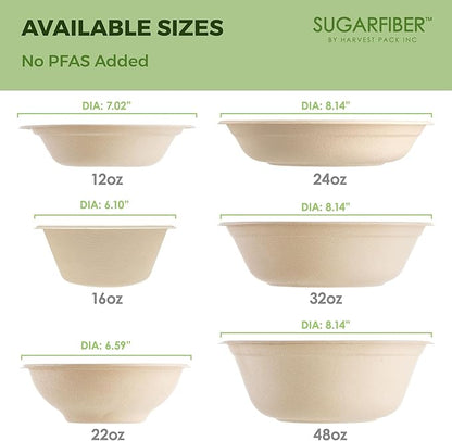 [50 Count] Harvest Pack PFAS Free 12oz Round Paper Bowls - Compostable Heavy-Duty Eco-Friendly Disposable Bagasse Bowls Sugarcane Natural Plant fibers for Meal Prep Takeout Dinnerware