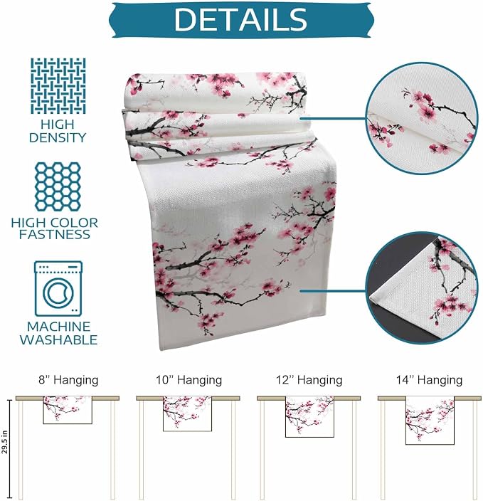 Pink Cherry Flowers Short Table Runners 36 Inches, Cotton Linen Fabric Table - Image 7