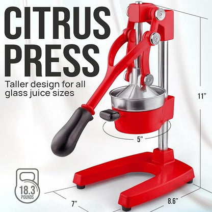 Zulay Kitchen Cast Iron Juicer - Easy-to-Clean Heavy-Duty Manual Juicer, Professional Citrus Juicer - Stainless Steel Lemon Squeezer - Manual Citrus Press & Orange Squeezer - Orange Juicer (Red)