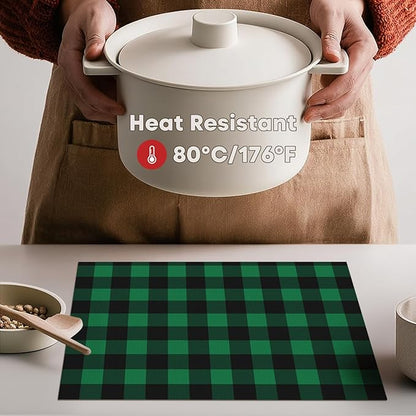 Artoid Mode Buffalo Plaid Vinyl Placemats Set of 4, 12x18 Inch Washable Non-Slip Heat Resistant Plastic Place Mats for Party Dining Table, Black/Green