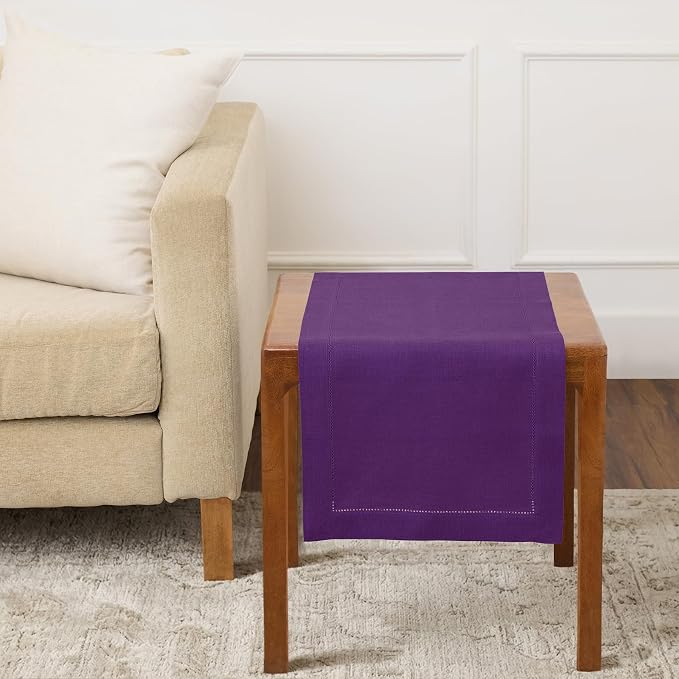 Solino Home 100% Linen Table Runner Purple, Classic Hemstitch 14 x 36 in | by SolinoHome