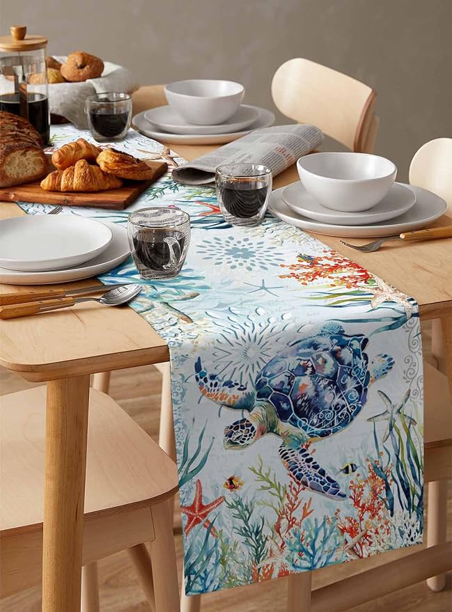 Sea Turtle Coastal Table Runners 90 Inches Long, Summer Beach Coral Table - Image 3