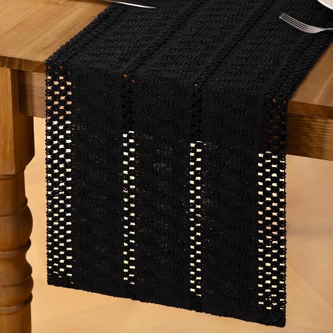 Black Boho Table Runner Farmhouse Macrame Woven Table Runner 12x60 Inch | Small - Image 4