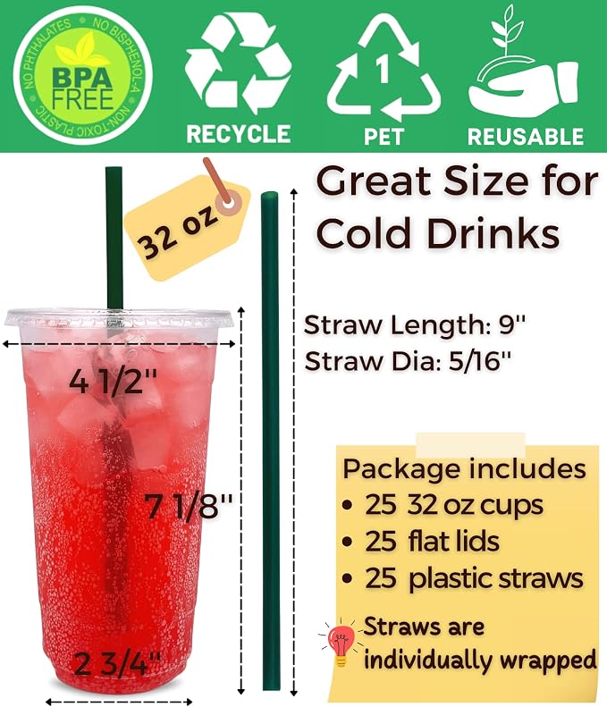 32 oz Clear Plastic Cups with Lids and Straws, Disposable Coffee Cups 25 Sets - Image 2