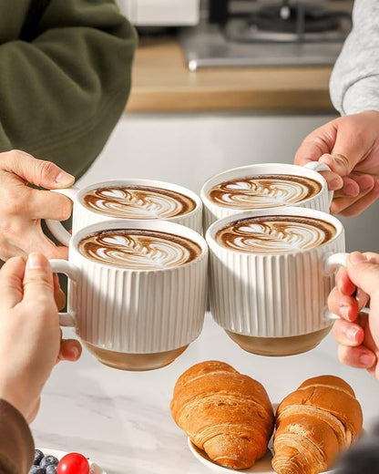 HASENSE 15 oz Ribbed Stackable Ceramic Coffee Mug Set of 4, Dishwasher & - Image 4