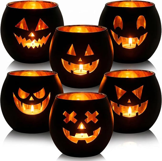Halloween Tea Light Candle Holders Set of 6 | Gold Interior Black Jack O by ysnn