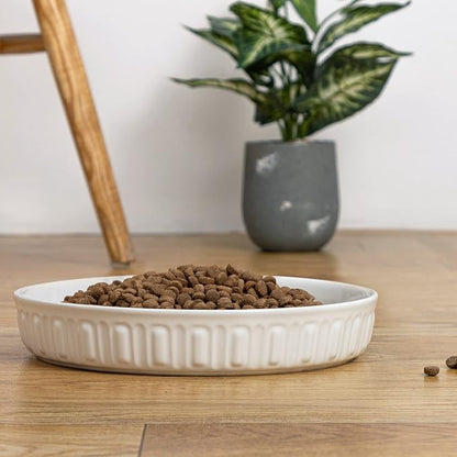 Fun Elements Shallow Dog Bowls, 10.5" Ceramic Large Food Plate for Small, Medium and Large Breeds, Non-Slip, Flat and Wide, Dishwasher Safe, Suitable for Dogs and Cats (White)