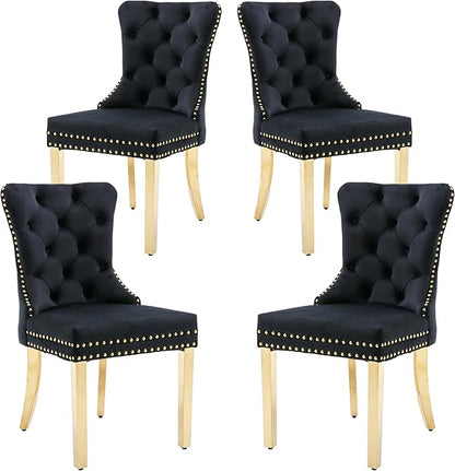 KCC Velvet Dining Chairs Set of 4, Upholstered High-end Tufted Dining Chair with Nailhead Back Ring Pull Trim Stainless Steel Legs, Contemporary Nikki Collection Modern Style for Kitchen, Black
