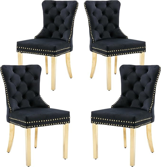 KCC Velvet Dining Chairs Set of 4, Upholstered High-end Tufted Dining Chair with Nailhead Back Ring Pull Trim Stainless Steel Legs, Contemporary Nikki Collection Modern Style for Kitchen, Black