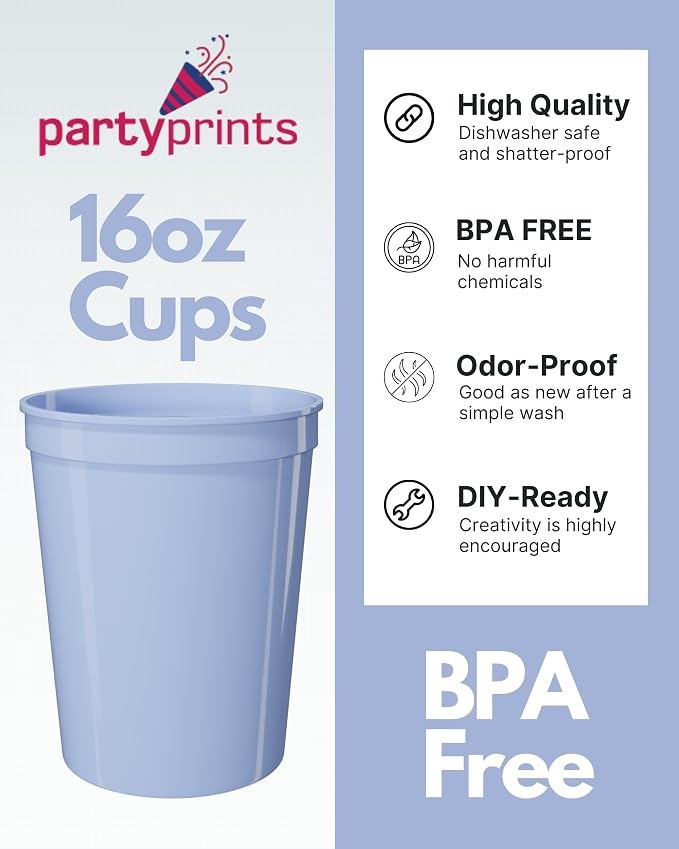 PartyPrints 10 Pack 16 oz Placid Blue Reusable Blank Plastic Cups, Stadium Cups - Image 2