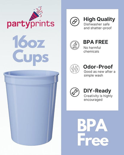 PartyPrints 100 Pack 16 oz Placid Blue Reusable Blank Plastic Cups, Stadium - Image 2