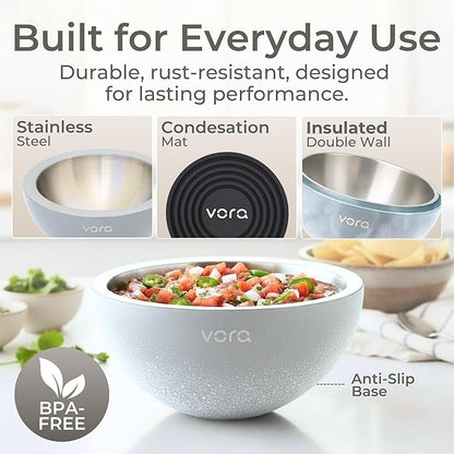 Vora 18oz Dip Chiller Bowl | Iced Grey Stainless Steel Chilled Dip Bowl for Dips, Guacamole, Hummus, Salsa | Insulated Serving Dishes with Easiest Water Fill & Refillable Chamber