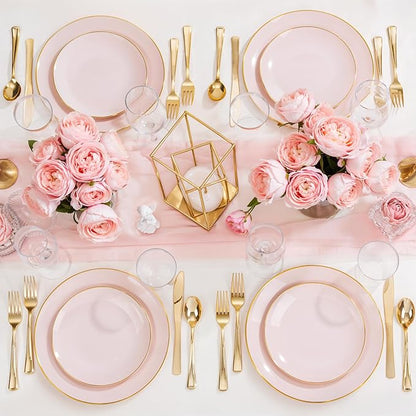 Nervure 100PCS Pink and Gold Plastic Plates - 10.25 inch Pink Disposable Plates with Gold Rim - Party Plate - Dinner Plate Ideal for Wedding & Party