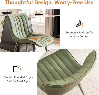 YOUNUOKE Mid-Century Modern Dining Chairs Set of 2, Green PU Leather Upholstered Kitchen Chairs with Green Metal Legs, Armless Accent Chair for Dining Room, Guest Reception Room