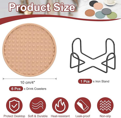 uxcell Set of 6 Round Drink Coasters with Holder, 4" Silicone Coaster for Drinks Non-Slip Cup Coaster Heat Resistant Glass Cushion for Bar Kitchen Office Decor, Beige(Pentagon)