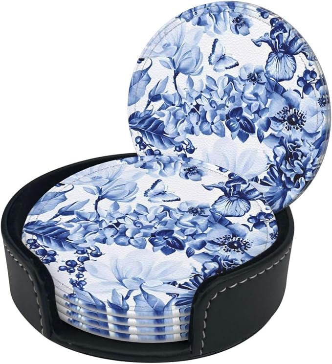 6 Pcs Blue and White Floral Leather Coasters - Image 3