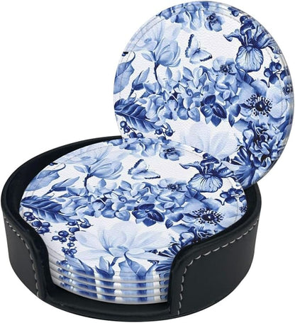 6 Pcs Blue and White Floral Leather Coasters - Image 3