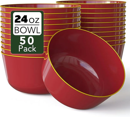 Trendables Plastic Bowls Disposable Bowls 24 Oz Bowl Set Of 50 Burgundy Gold Rimmed Fancy Plastic Serving Dishes Perfect for Parties and Events Disposable Candy Bowl